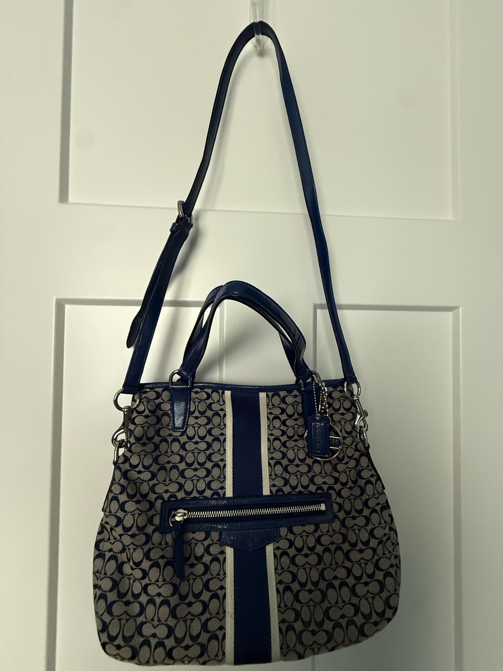 Coach Blue and Tan Signature Stripe Shoulder Bag